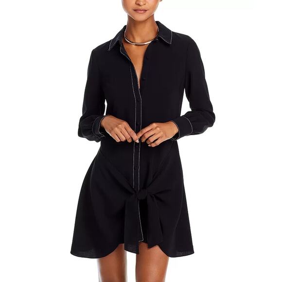 Cinq a Sept Gaby Tie Waist Topstitched Crepe Mini Dress Black Long Sleeve 0 - Picture 5 of 10